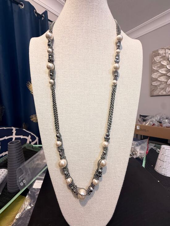 None and/or Unknown Jewelry - Silver Tone Faux Pearl Multi Strand Necklace 36”